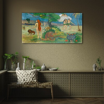 Glas foto Een paradijselijk landschap met karakters