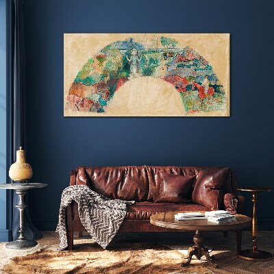 Schilderij op glas Een kleurrijk tafereel met een figuur in een landschap