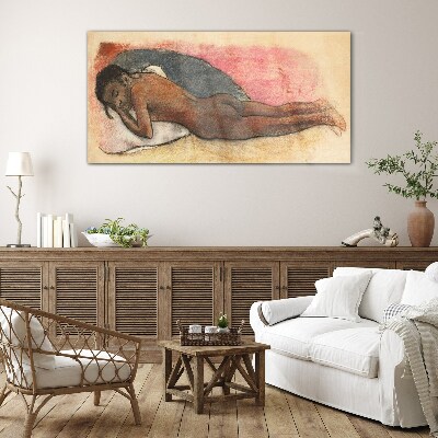 Glas foto Een slapende figuur op een kussen