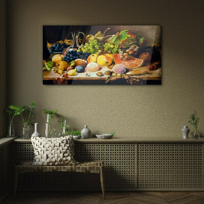 Schilderij op glas Stilleven met fruit en een vat