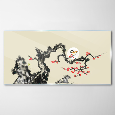 Schilderij op glas Bloemenscène met vogel