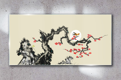 Schilderij op glas Bloemenscène met vogel