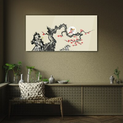 Schilderij op glas Bloemenscène met vogel