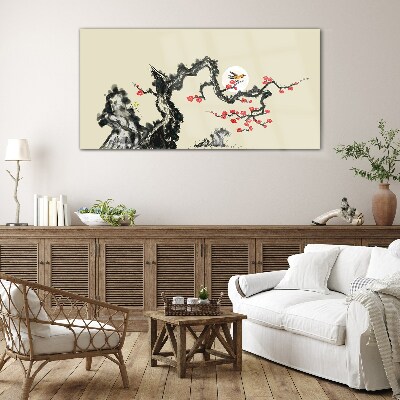 Schilderij op glas Bloemenscène met vogel