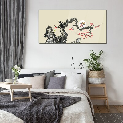 Schilderij op glas Bloemenscène met vogel