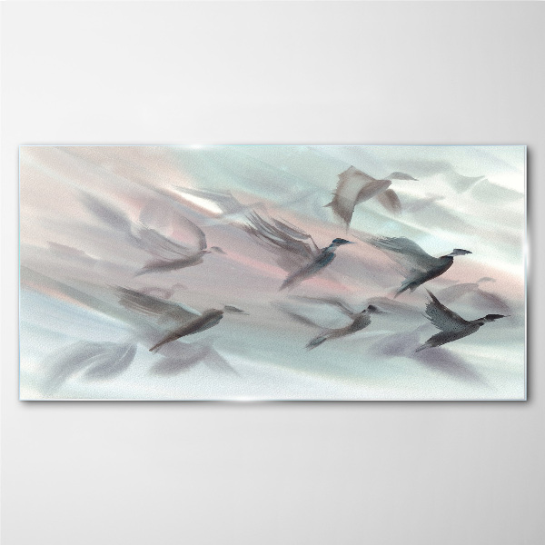 Foto op glas Vlucht van vogels in een pastelkleurige aura