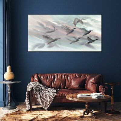 Foto op glas Vlucht van vogels in een pastelkleurige aura