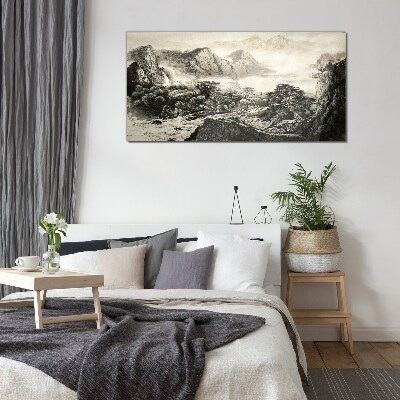 Glas foto Mistige bergvallei