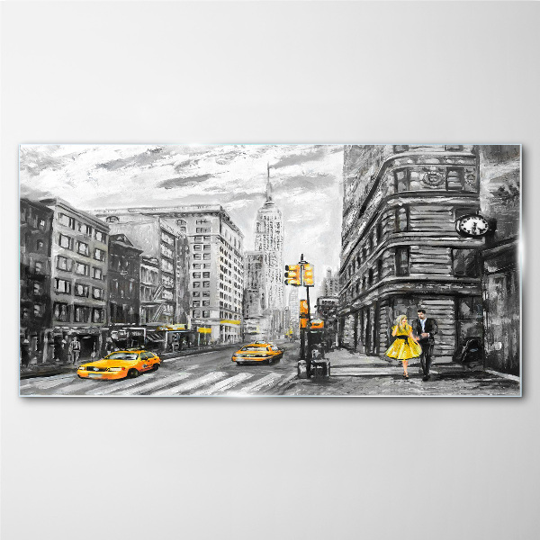 Schilderij op glas New Yorkse straat met gele taxi's