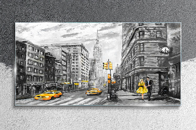 Schilderij op glas New Yorkse straat met gele taxi's