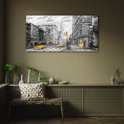 Schilderij op glas New Yorkse straat met gele taxi's