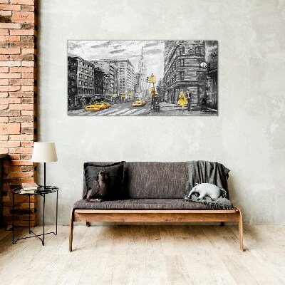 Schilderij op glas New Yorkse straat met gele taxi's