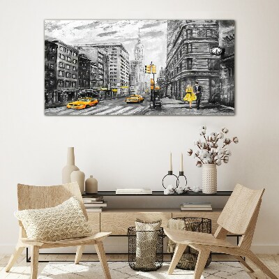 Schilderij op glas New Yorkse straat met gele taxi's