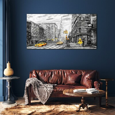 Schilderij op glas New Yorkse straat met gele taxi's
