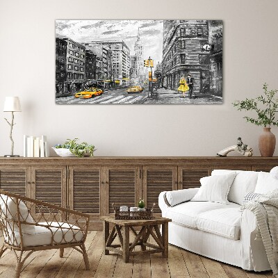 Schilderij op glas New Yorkse straat met gele taxi's