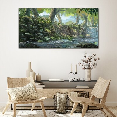 Foto op glas Een groene hoek met een waterval