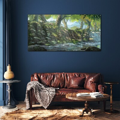 Foto op glas Een groene hoek met een waterval