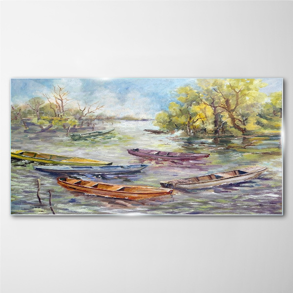 Glas foto Een rustige haven met kleurrijke boten