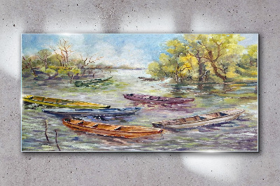 Glas foto Een rustige haven met kleurrijke boten