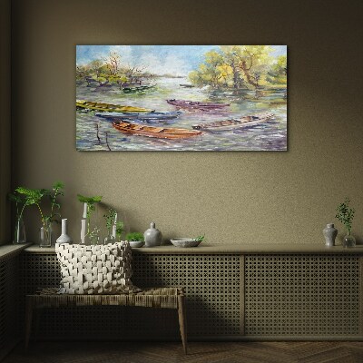 Glas foto Een rustige haven met kleurrijke boten