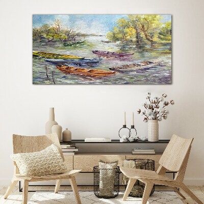 Glas foto Een rustige haven met kleurrijke boten