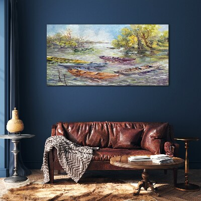 Glas foto Een rustige haven met kleurrijke boten