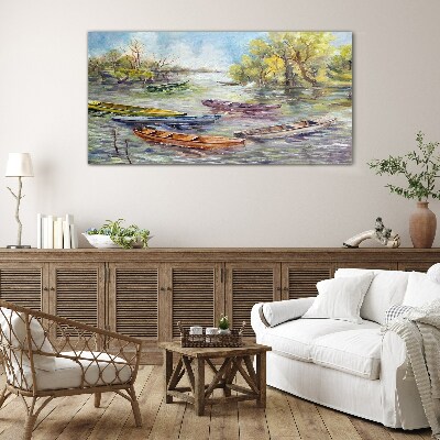 Glas foto Een rustige haven met kleurrijke boten