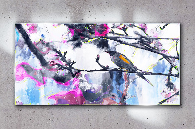 Schilderij op glas Een kleurrijke vogel tegen een achtergrond van bloemen