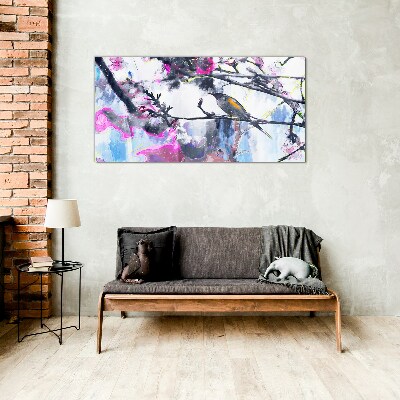 Schilderij op glas Een kleurrijke vogel tegen een achtergrond van bloemen