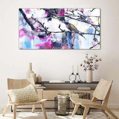 Schilderij op glas Een kleurrijke vogel tegen een achtergrond van bloemen