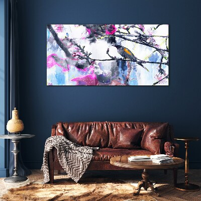 Schilderij op glas Een kleurrijke vogel tegen een achtergrond van bloemen