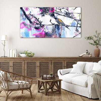 Schilderij op glas Een kleurrijke vogel tegen een achtergrond van bloemen