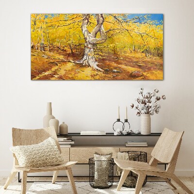 Foto op glas Gouden bos in herfstaura