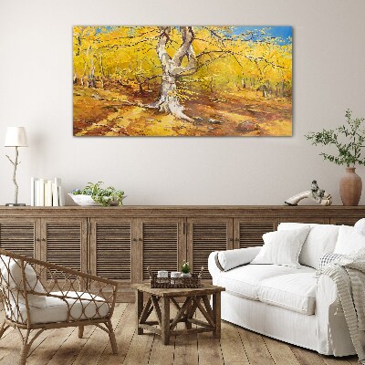 Foto op glas Gouden bos in herfstaura