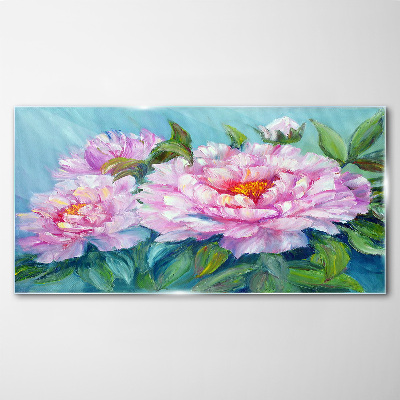 Schilderij op glas Roze pioenrozen op een blauwe achtergrond