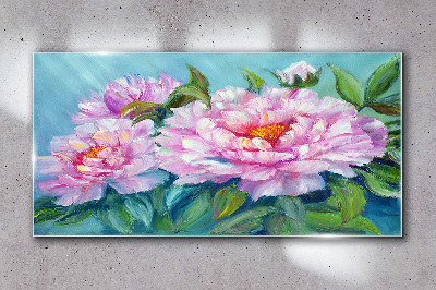 Schilderij op glas Roze pioenrozen op een blauwe achtergrond