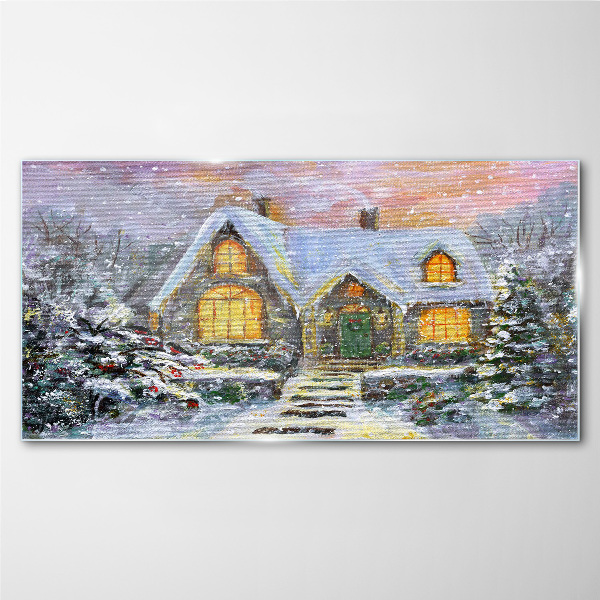 Foto op glas Winterlandschap met een huis in het bos