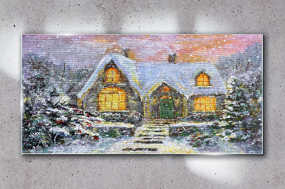 Foto op glas Winterlandschap met een huis in het bos