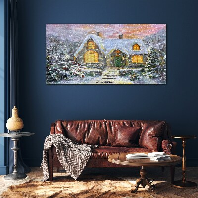 Foto op glas Winterlandschap met een huis in het bos