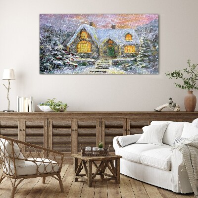 Foto op glas Winterlandschap met een huis in het bos