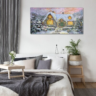 Foto op glas Winterlandschap met een huis in het bos