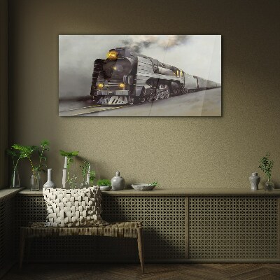 Glas foto Een stoomlocomotief op weg naar het verleden