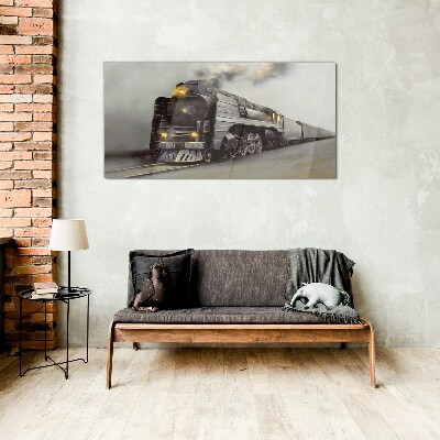Glas foto Een stoomlocomotief op weg naar het verleden