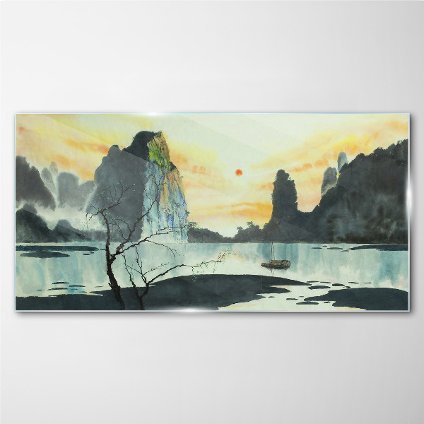 Foto op glas Een vredig landschap met een berg en een boot