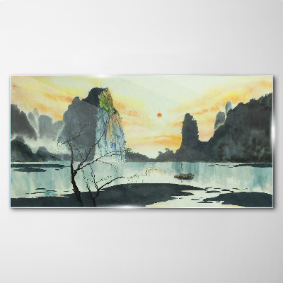 Foto op glas Een vredig landschap met een berg en een boot