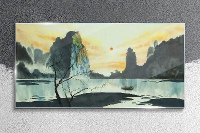 Foto op glas Een vredig landschap met een berg en een boot