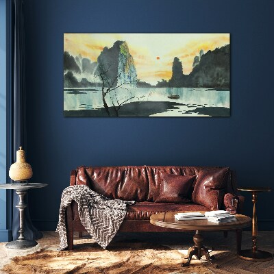 Foto op glas Een vredig landschap met een berg en een boot