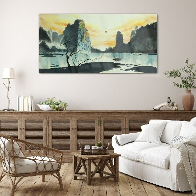 Foto op glas Een vredig landschap met een berg en een boot