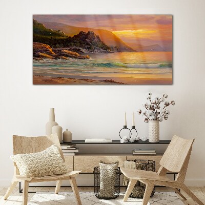 Foto op glas Zonsondergang over de bergkust