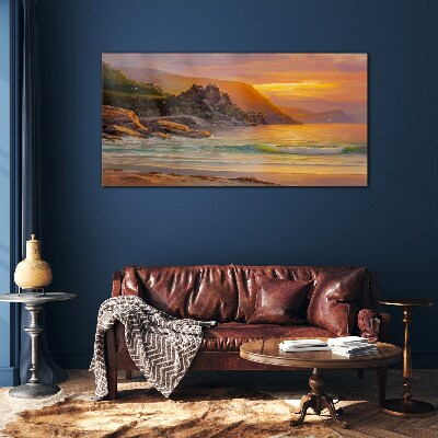 Foto op glas Zonsondergang over de bergkust